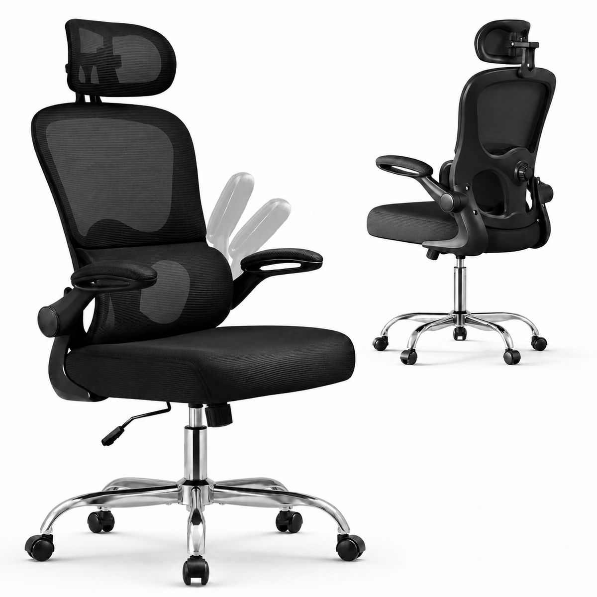 Ergonomischer Bürostuhl mit Kopfstütze – Vorder- und Rückansicht