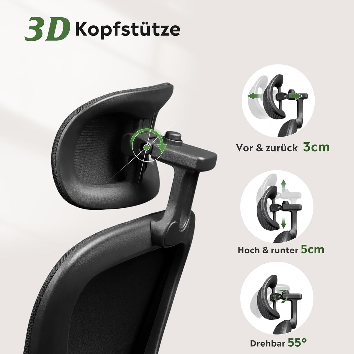Ergonomischer Bürostuhl – verstellbare 3D-Kopfstütze