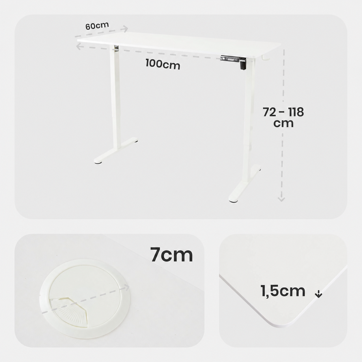 Höhenverstellbarer Schreibtisch 100x60 weiß – Maße und Details