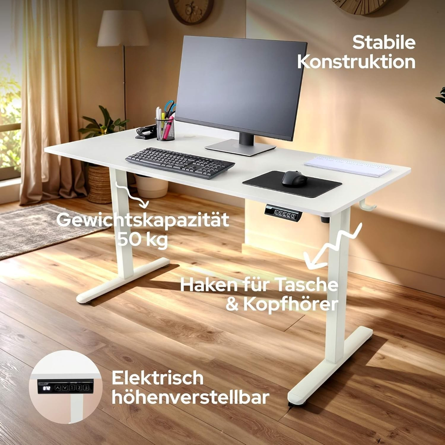Höhenverstellbarer Schreibtisch 120x60 weiß, elektrisch Körperdoc