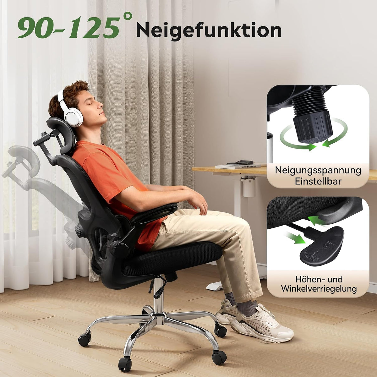 Ergonomischer Bürostuhl – Neigefunktion von 90 bis 125 Grad