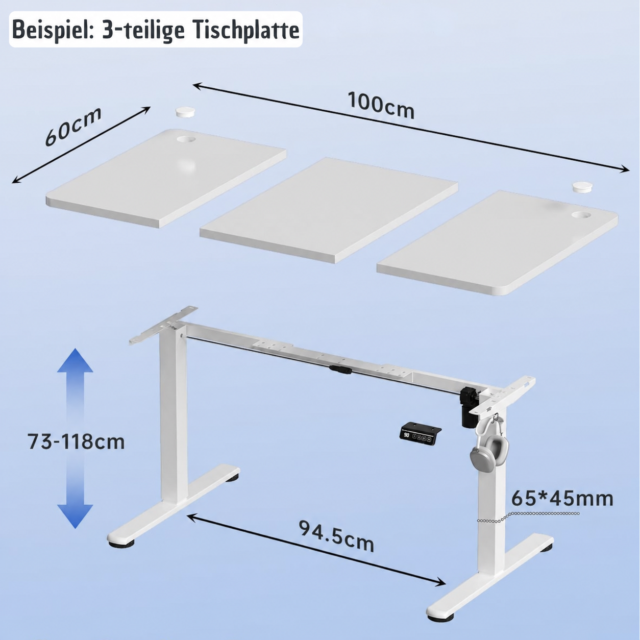 Höhenverstellbarer Schreibtisch 100x60 weiß – Beispiel dreiteilige Tischplatte